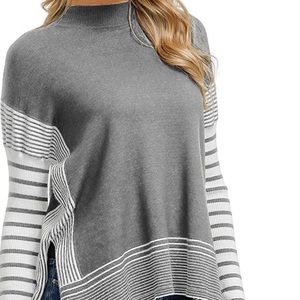 Striped Oversize Soft Knit Cape Sweater Mock Neck